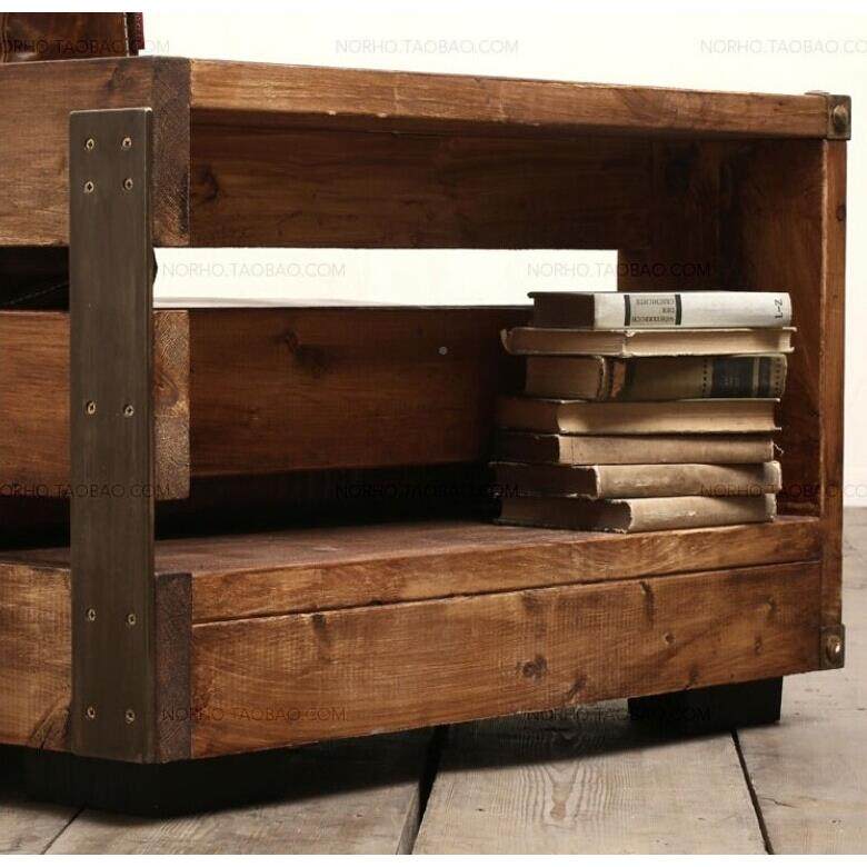 美式古沙铁艺实木发椅休TX545379闲卡茶几沙发办公复长椅做旧皮座