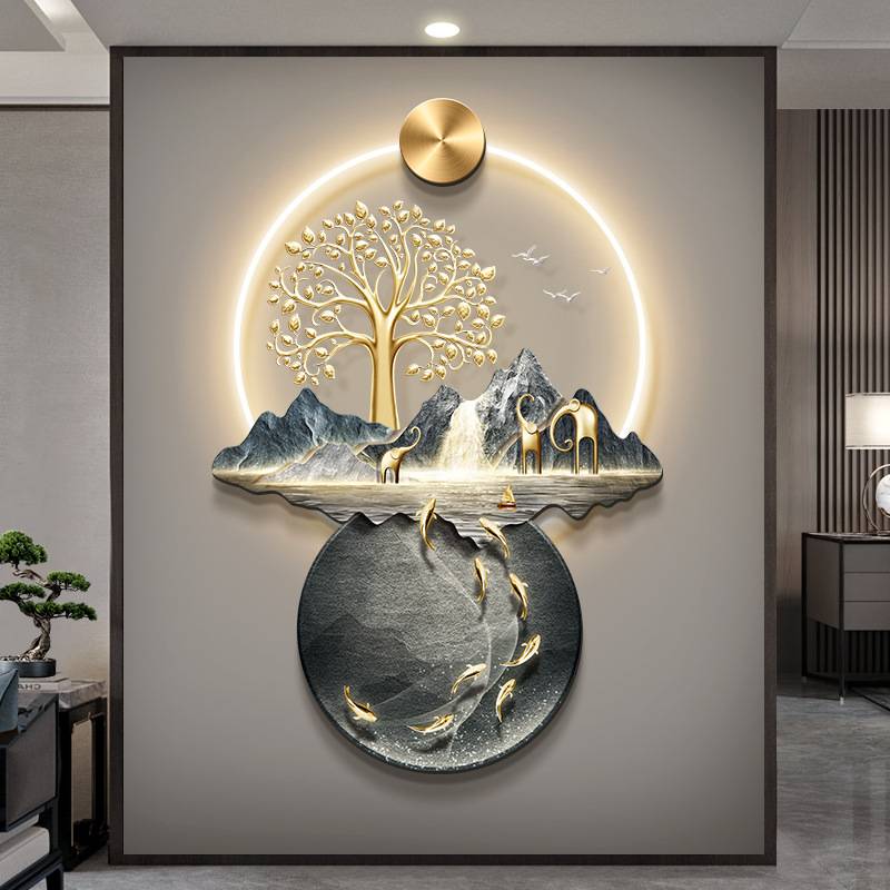 流水生财玄关画装饰画新中式大气山水画走廊过道挂画入户门壁灯画图片