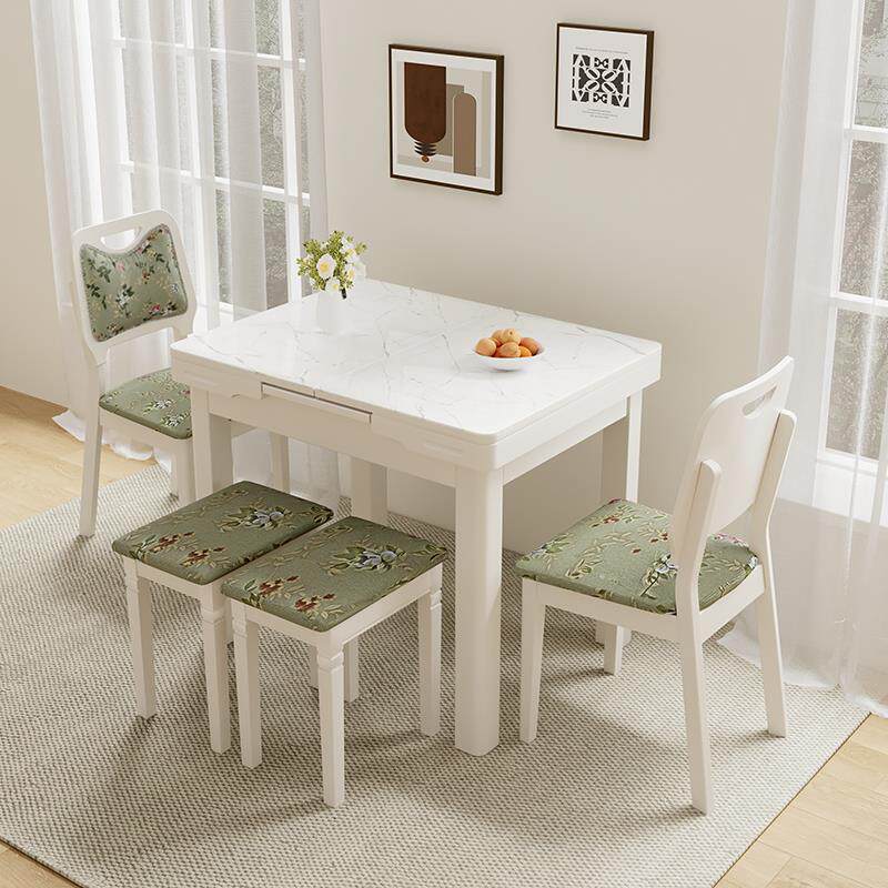 I1伸缩餐桌小户家型璃用白色抽拉现约代简白色烤漆抽拉式桌椅组合