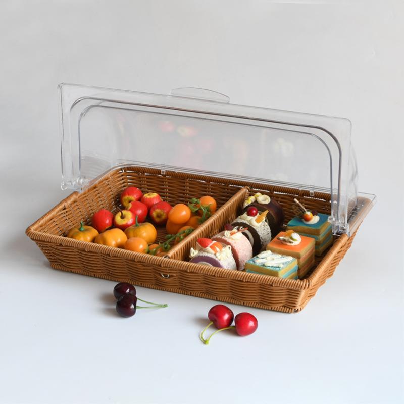 包水果蛋糕篮子塑料仿藤编织篮带透明翻盖保鲜GOA罩展示防尘长方
