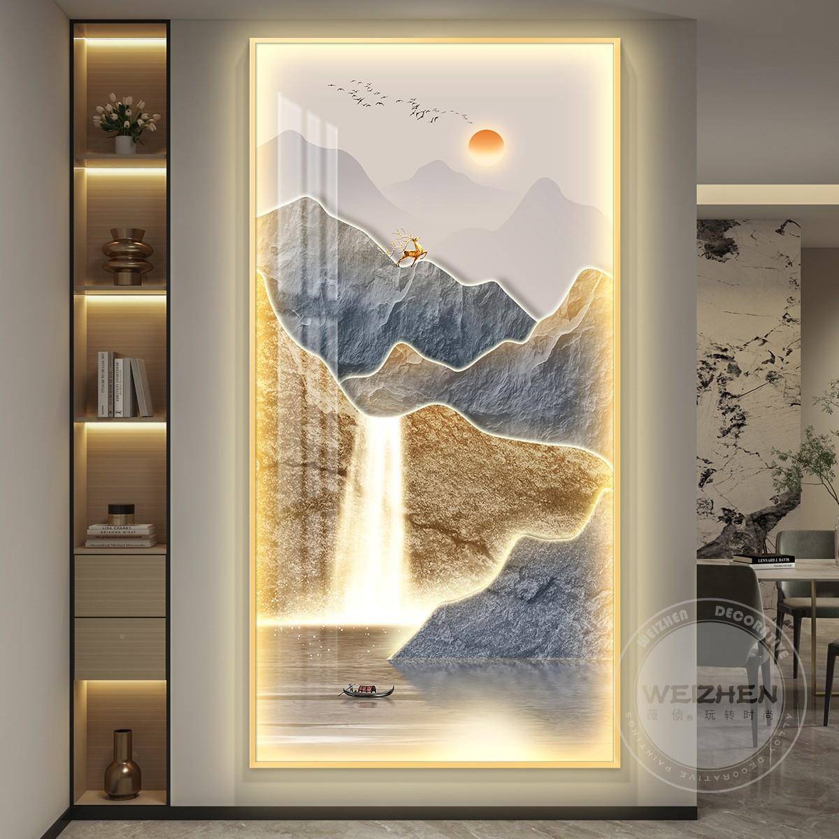 轻ld带灯入户玄关装奢饰画e走廊代过道IJF挂画壁画简约现高档山水