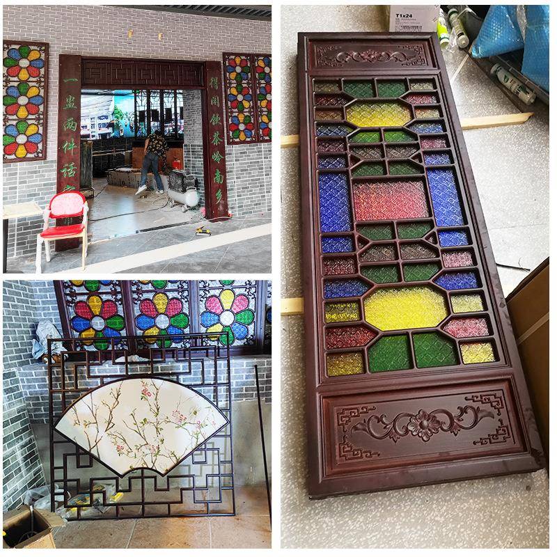 满洲璃格琉彩色玻璃实窗制作无品牌/彩色琉屏风木满洲花璃窗厂家