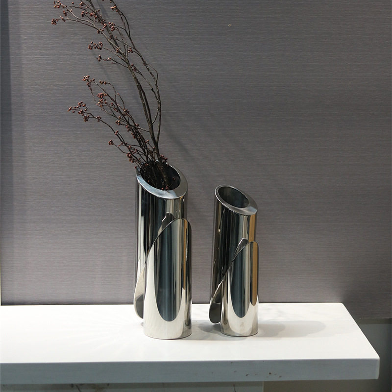 现代简约不锈钢花瓶摆件售楼部样板间家居客餐厅玄关床头柜软装饰