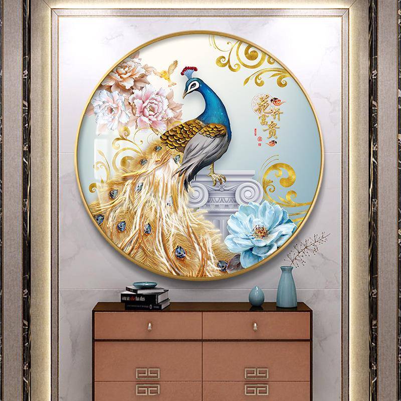 富贵孔雀MJCH1755圆形好式装饰玄关挂画轻奢寓意入户门口中客厅走图片