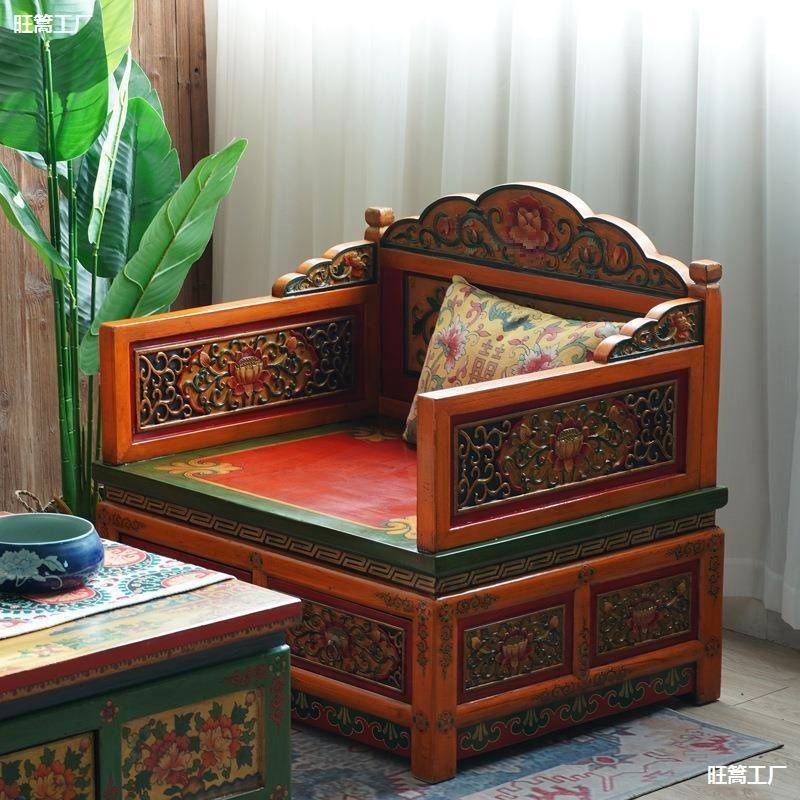 具藏式家实木雕花沙床AL752329藏族彩绘罗汉民床宿客发栈家具做旧