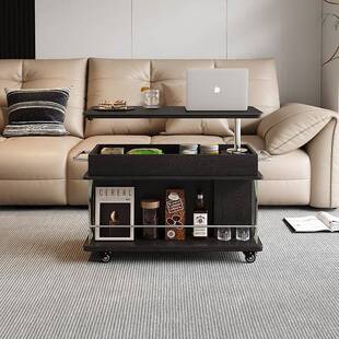 实OZC木茶几升降小小推车黑色储物柜家功旋转台面多能茶几吧台家
