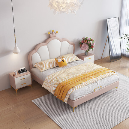 时尚新款儿童皮床1.2单人小户型卧室齐边储物可爱女孩软体布艺床