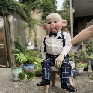 实木卡通木头人猪八戒木偶眼珠嘴巴可动手控玩具人偶腹语演出道具