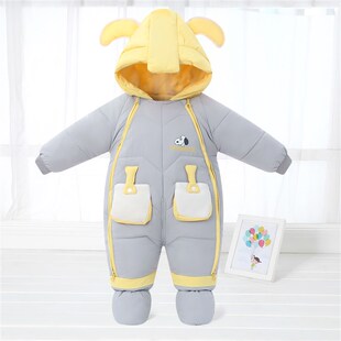 婴儿冬季连体羽绒服加厚外出服加绒棉衣套装新生宝宝包脚保暖抱衣