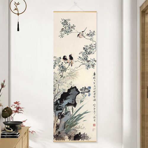 名家国画卷轴画书房客厅办公室装饰花鸟画中式玄关背景墙布艺挂画