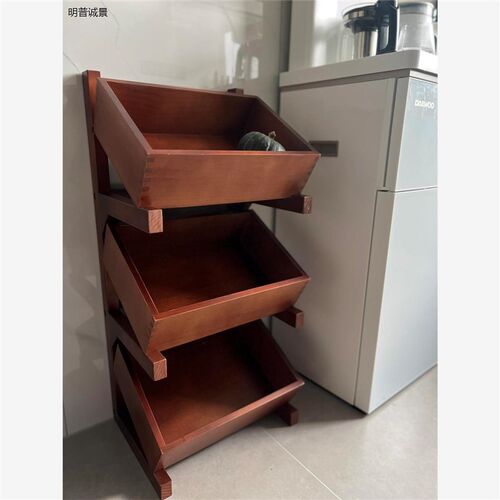 现货中古风落地j式置物架木制多层杂物收纳架客厅装饰水果收纳篮