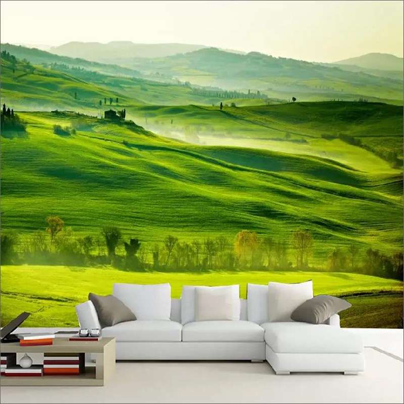 电视背景墙壁纸客厅沙发现代简约清E新田园绿色草地风景画墙纸壁