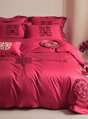 婚庆纯棉四件套毛巾绣中式大红色床单高档喜被套结婚房嫁床上用品