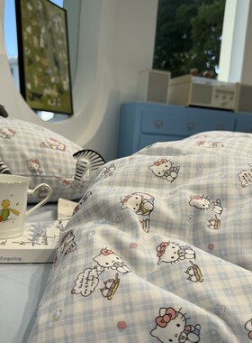 ins双层薄纱格子蓝Kt猫下午茶x纯棉四件套1.5米1.8米学生宿舍三件