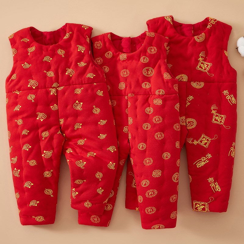 婴幼儿棉裤棉花手工背带棉裤秋y冬加厚保暖开裆连体裤儿童背带长