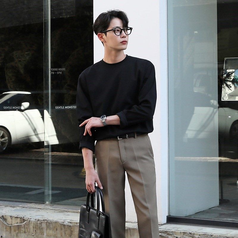 落肩宽松重磅加厚纯白色t恤男长袖内搭打底衣体恤衫螺纹领口