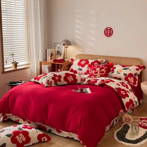 公主风100支印花婚庆四件套大红色全棉被套结婚床上用品婚嫁4