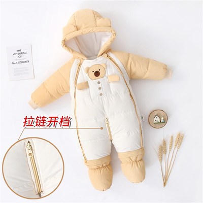 婴儿冬季羽绒服加厚保暖防风连体衣外出服套装新生宝宝哈抱衣包脚