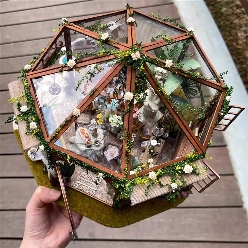 diy花间咖啡微缩场景小屋手工拼装别墅木质模型积木益智儿童玩具