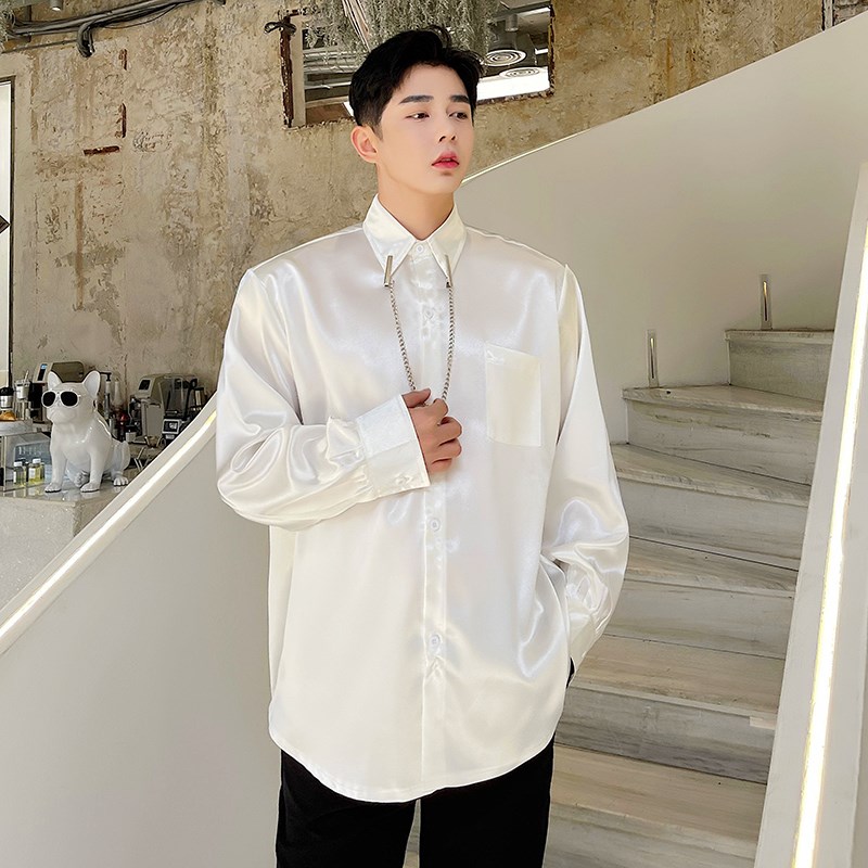 高级感丝滑衬衫男长袖春夏季个性链条装饰宽松韩版时尚纯色薄衬衣