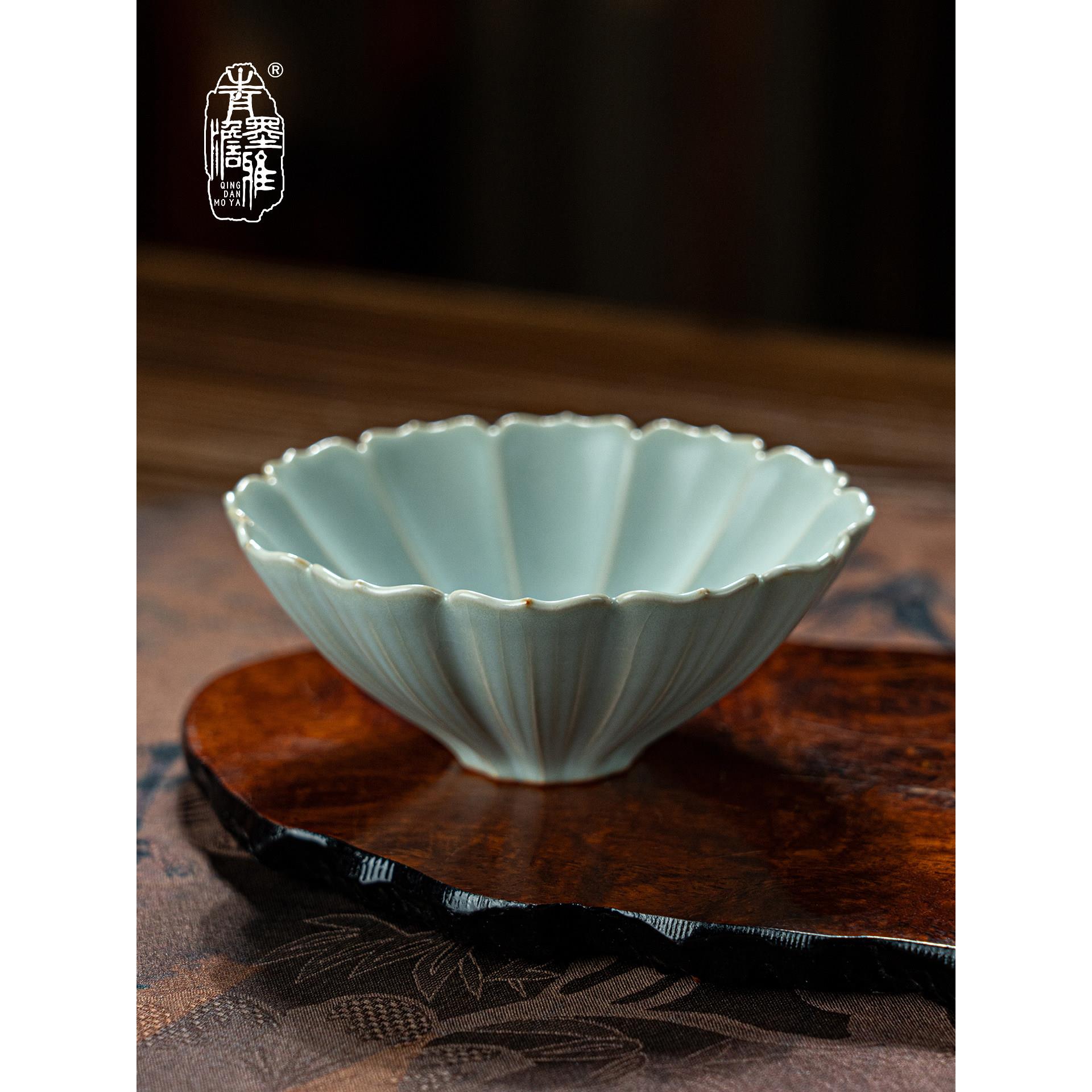青澹墨雅汝窑茶杯主人杯单杯花口杯陶瓷品茗杯景德镇汝瓷茶具茶盏