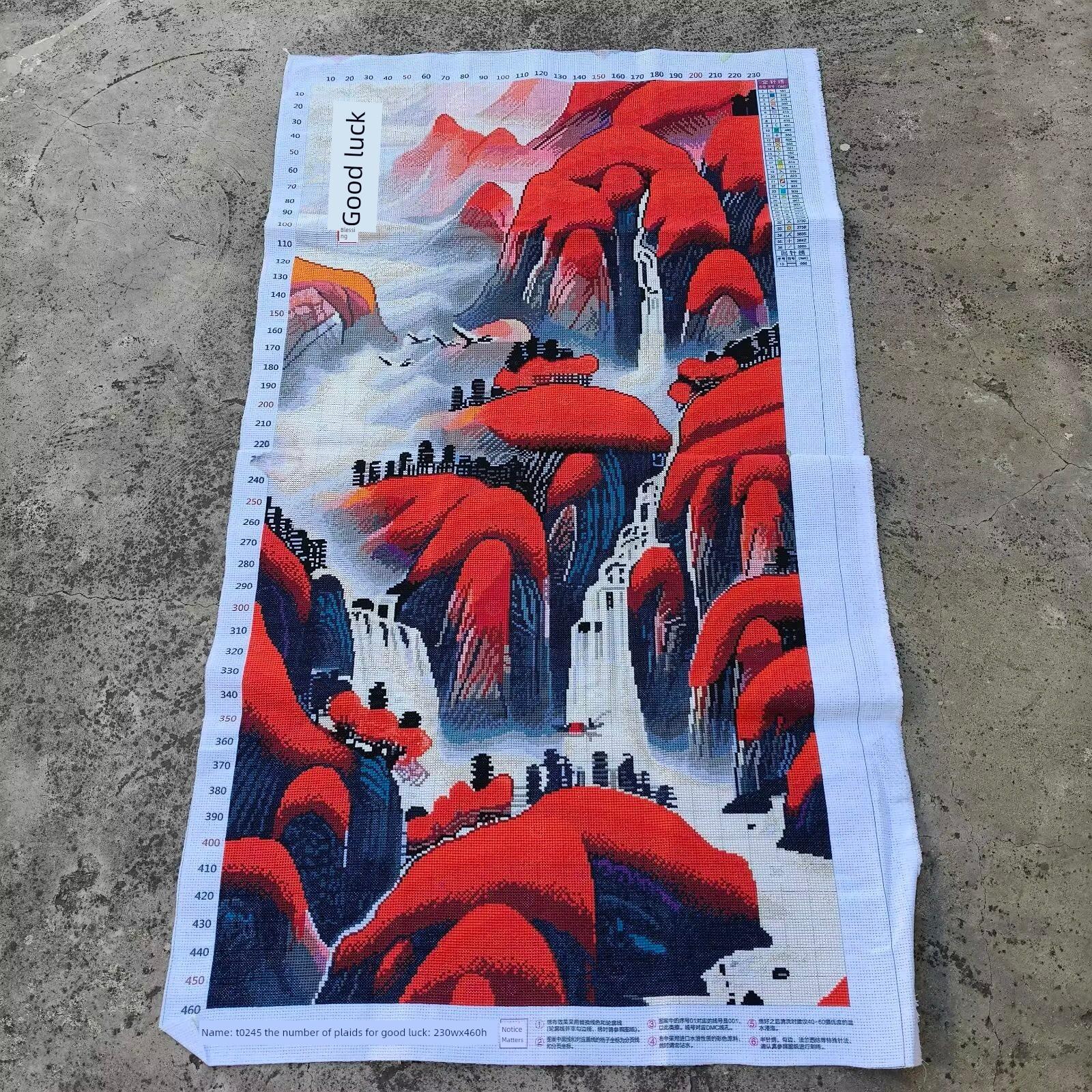 纯手工十字绣成品鸿运当头流水生财新款客厅玄关过道竖版风景带框