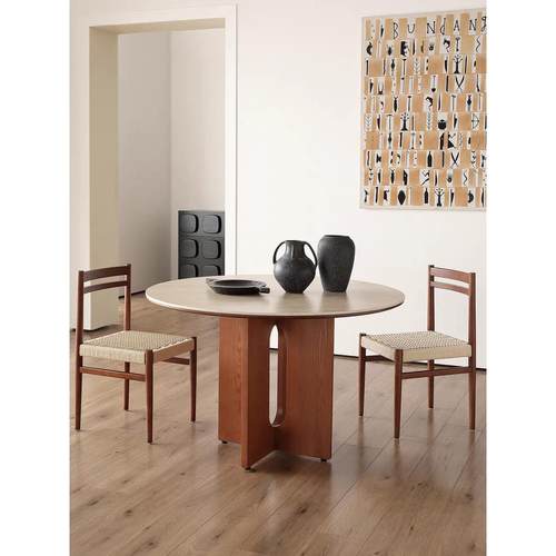 圆形实木洞石岩板桌子中古风法式覆古餐桌椅设计师小户型饭桌子