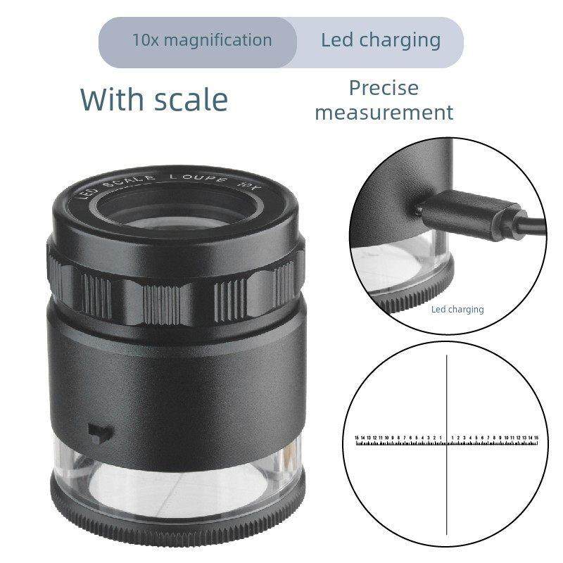 德国10倍放大镜带刻度高清手持充电带LED灯珠宝便携印刷网板照布