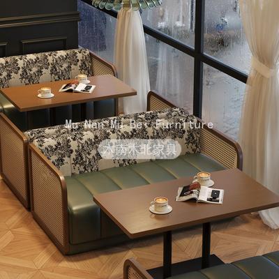 覆古实木藤编定制卡座沙发中古奶茶店咖啡西餐厅商用接待桌椅组合