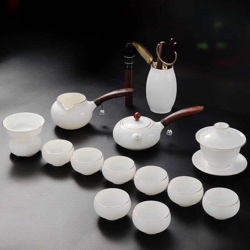 高档描金羊脂玉瓷茶具套装家用陶瓷高端汉白玉瓷盖碗白瓷茶壶送礼