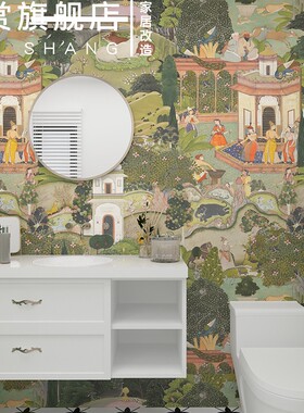 中古卫生间自粘贴纸防水壁纸屏风改造壁画餐厅背景墙南洋卧室墙纸