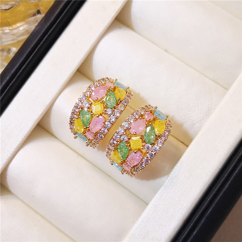 日韩饰品微镶锆石半圆粉黄糖果色耳环糖美可爱日常女孩立体镂空