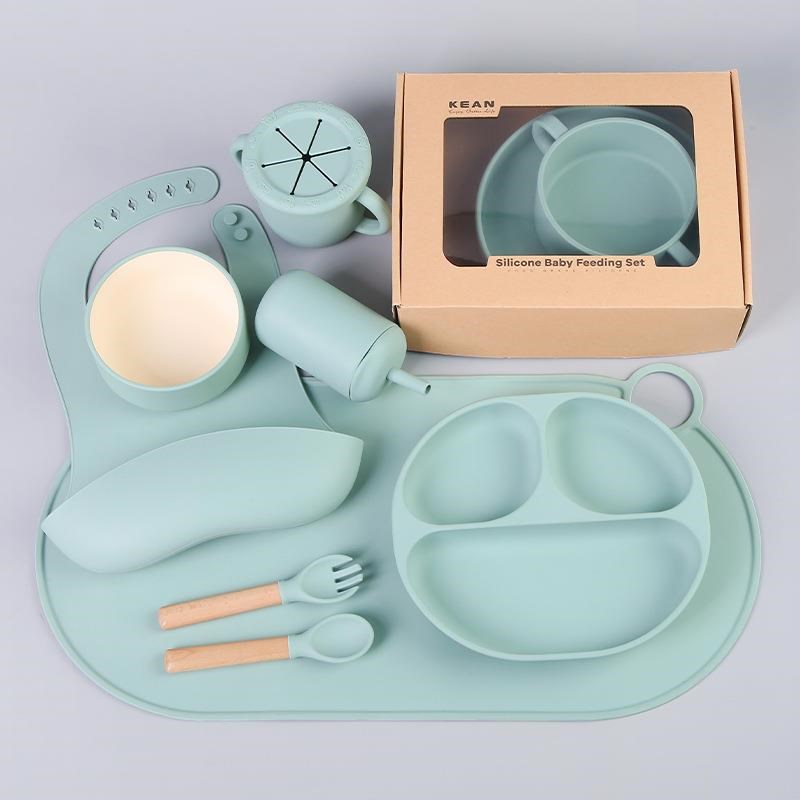 儿童硅胶餐盘婴儿食饭碗宝宝吃饭训练辅食餐具围兜叉勺套装印