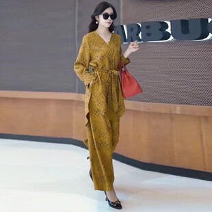 2025新款时尚上衣套装阔腿裤高端减龄宽L松大码真丝休闲显瘦两件