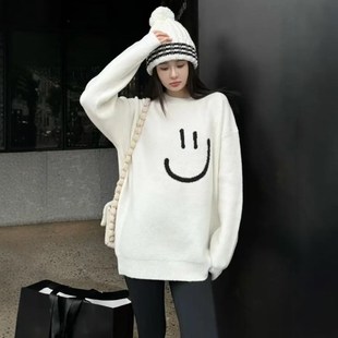 慵懒风i笑脸套头毛衣女秋冬百搭宽松设计感休闲针织衫 欧货时尚 上