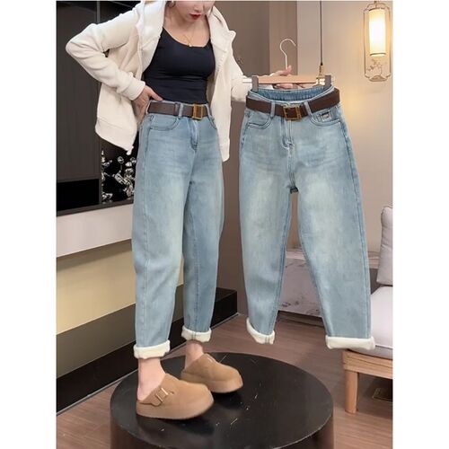 加绒加厚直筒老i爹裤女冬季大码高腰弹力牛仔裤胖mm宽松显瘦哈伦