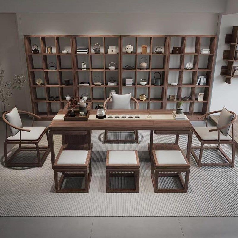 2025新中式茶室茶空间实木茶桌博古架组合简约中式茶楼高端茶艺桌