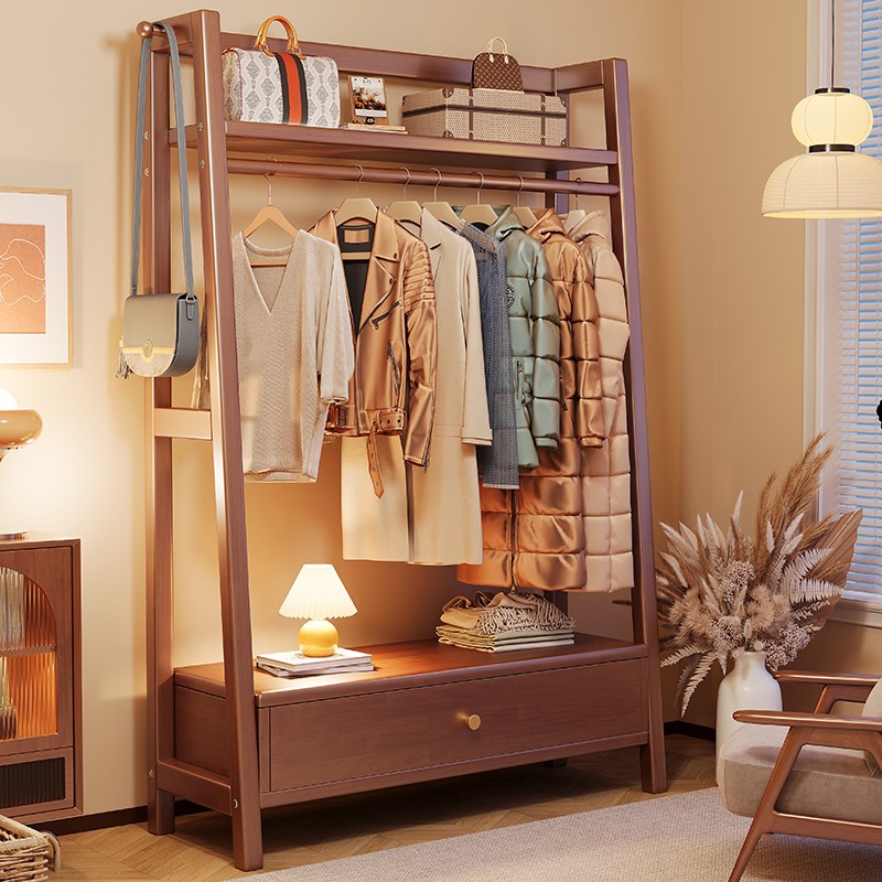 实木衣帽架收纳柜一体家用卧室落地挂衣架小户型房间多功能置物架