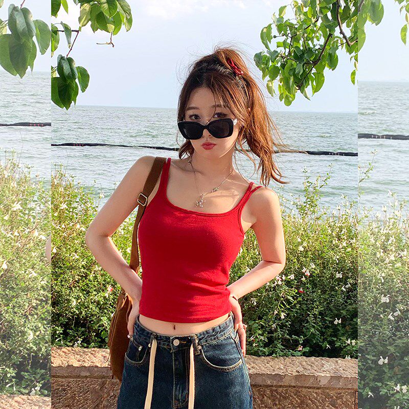 汤圆不圆 红色吊带带胸垫内搭双肩带背心女夏外穿法式上衣高级感