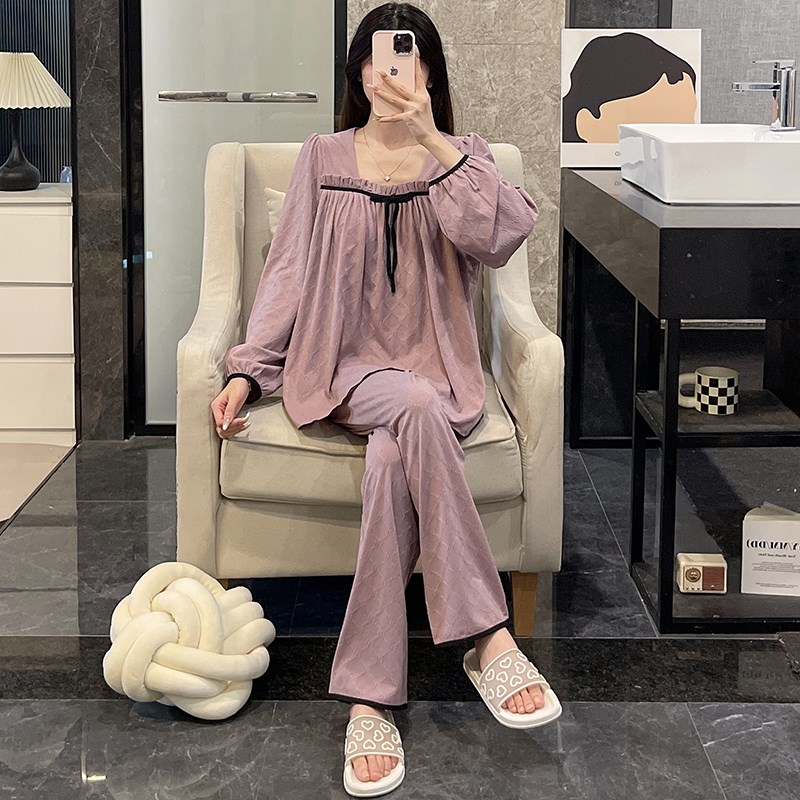 睡衣女春秋季纯g棉带胸垫长袖2024新款可外穿紫色大码冬家居服套