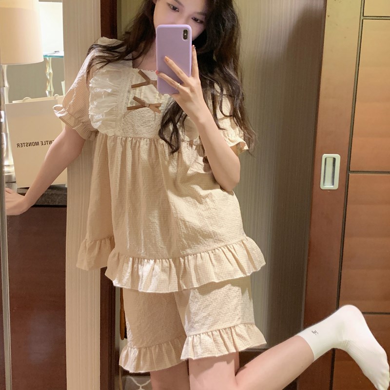 韩系甜美宫廷风棉麻睡衣女款夏季格子花边短袖短裤宽松Y家居服套