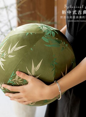 新中式圆形抱枕客厅沙发抱枕y圆球形绿色竹子靠法式轻奢高级感靠
