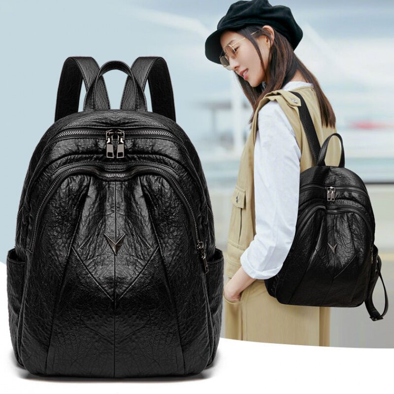 真皮大容量双肩包2021新款韩版简约百搭书包时尚女包旅行电脑背包 - 习素旗舢店企业店出品