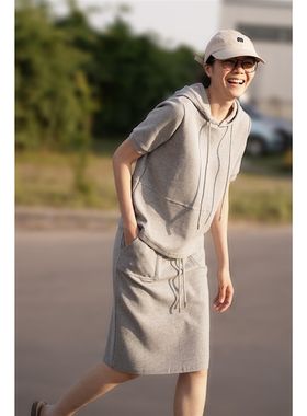 特 连帽短袖卫衣半身裙套s装  女士全棉T恤裙子 两件套 夏款女装