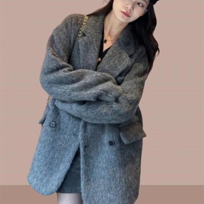 大衣女款202i3新款秋冬季高级感小个子短款灰色毛呢子西装厚外套