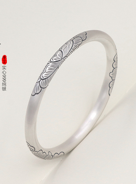 芍药银手镯女夏纯银年轻2021新款古法实心闭口刻字镯子送女友妈妈