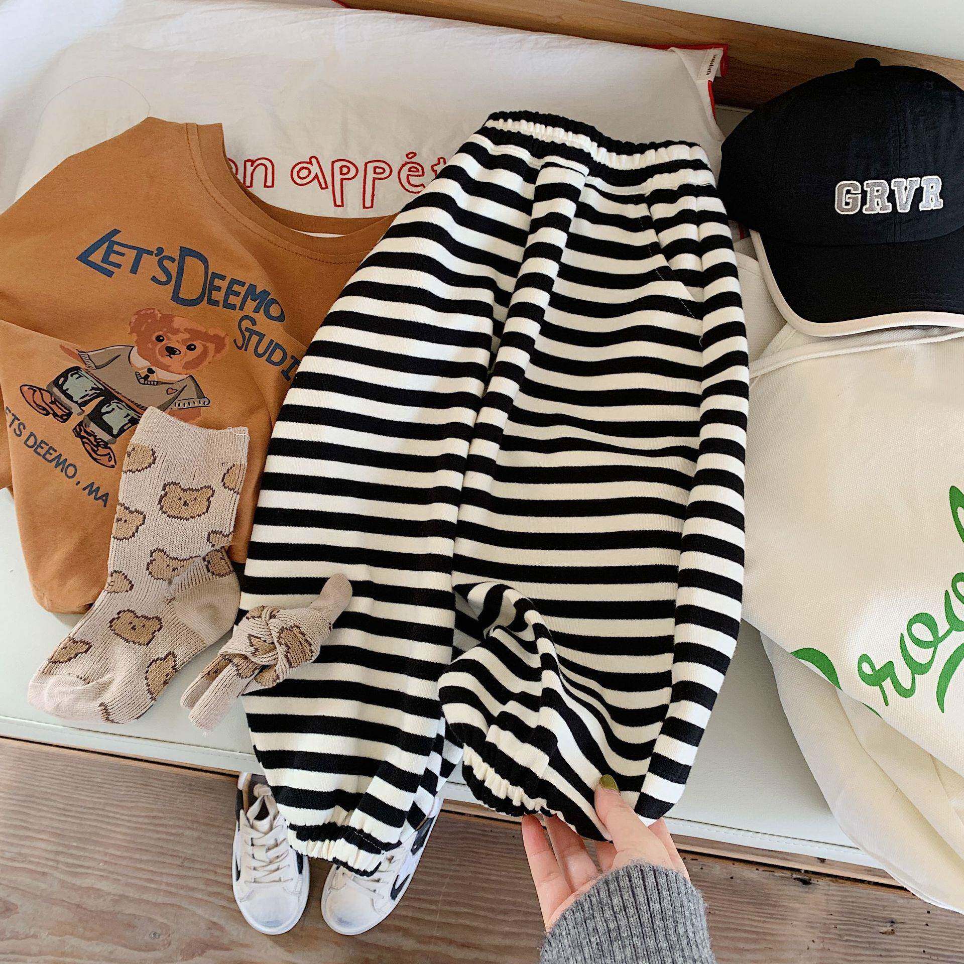 男童女童黑白条纹长裤子2024春秋新款儿童宝宝休闲运动裤哈伦裤潮