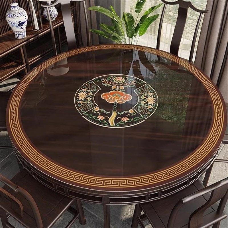 中式圆桌垫镂空软玻璃实木家用酒店双层圆桌桌布圆形餐桌垫桌面垫