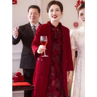 喜婆婆婚宴装加绒加厚旗s袍结婚礼服妈妈秋冬装大码连衣裙两件套