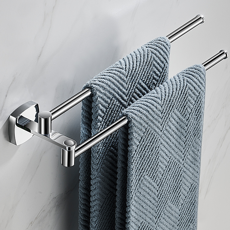 可旋转毛巾架化妆室免打孔不锈钢浴室置物架双杆活动毛巾挂杆极简